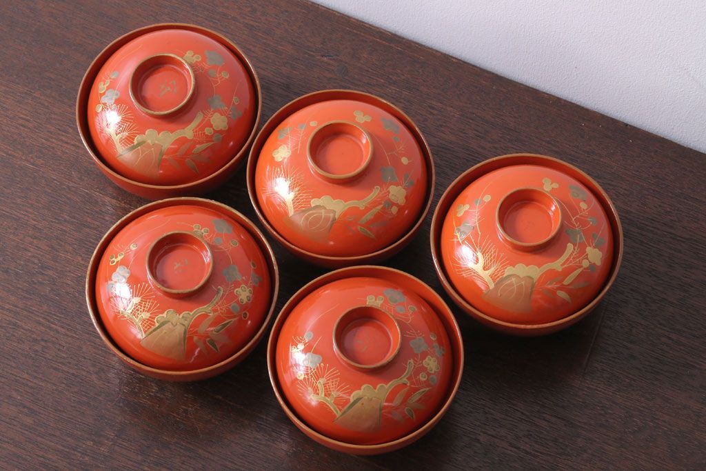 和製アンティーク　松竹梅の朱塗り椀5客セット(2)