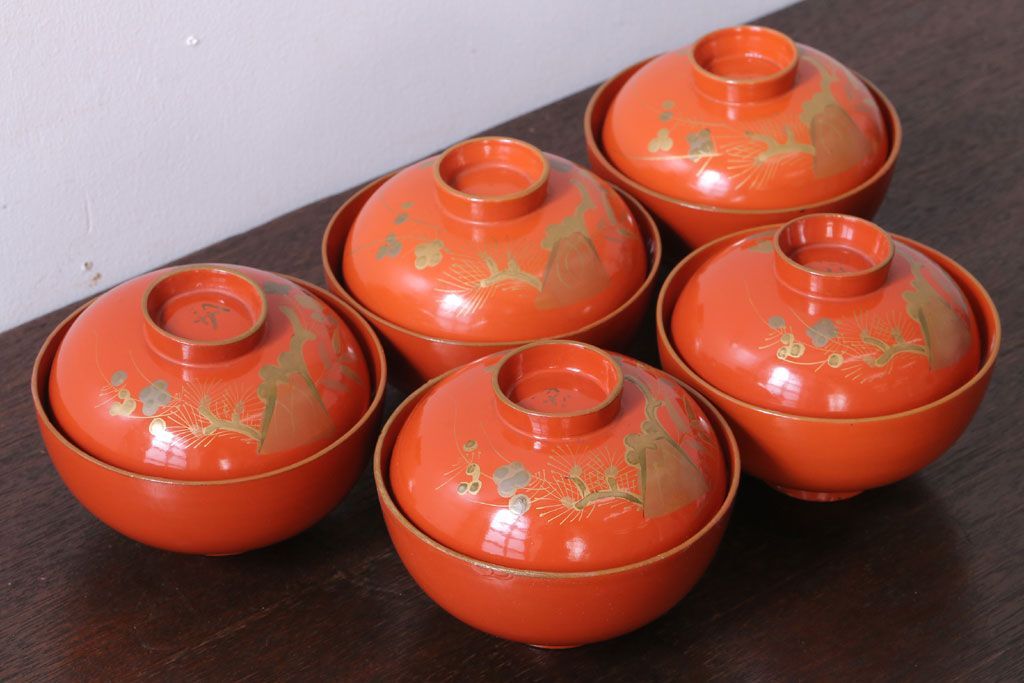 和製アンティーク　松竹梅の朱塗り椀5客セット(2)