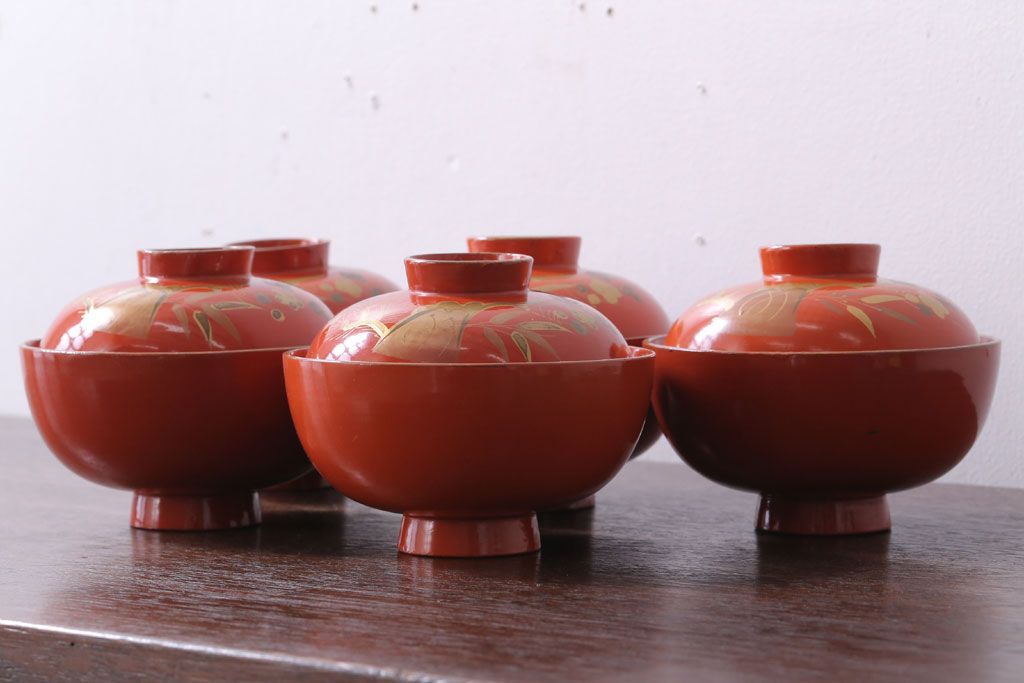 和製アンティーク　松竹梅の朱塗り椀5客セット(2)