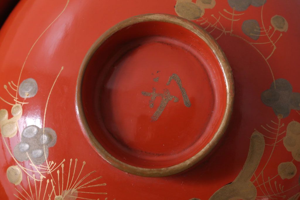 和製アンティーク　松竹梅の朱塗り椀5客セット(2)