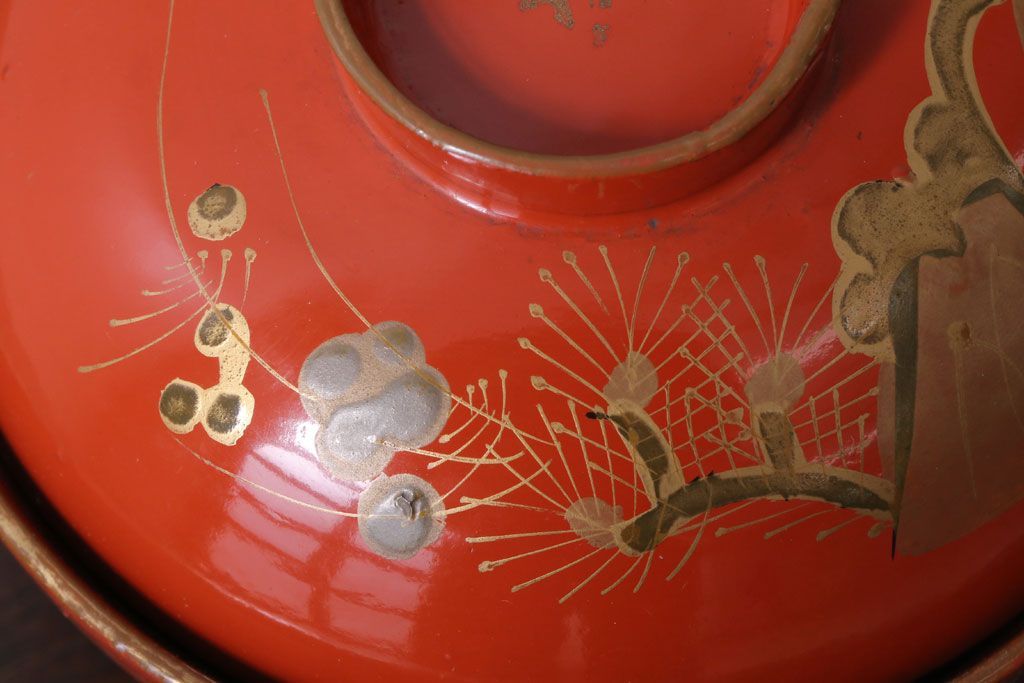 和製アンティーク　松竹梅の朱塗り椀5客セット(2)