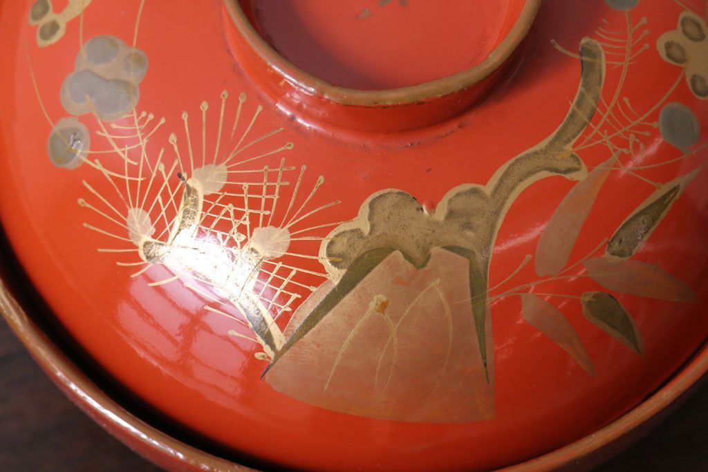 和製アンティーク　松竹梅の朱塗り椀5客セット(2)