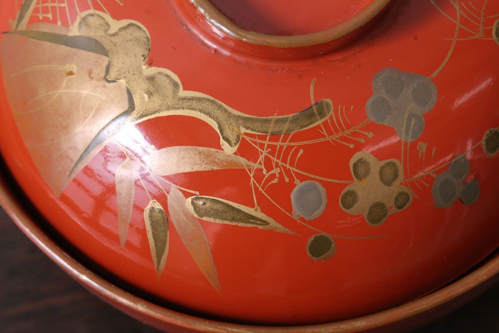 和製アンティーク　松竹梅の朱塗り椀5客セット(2)