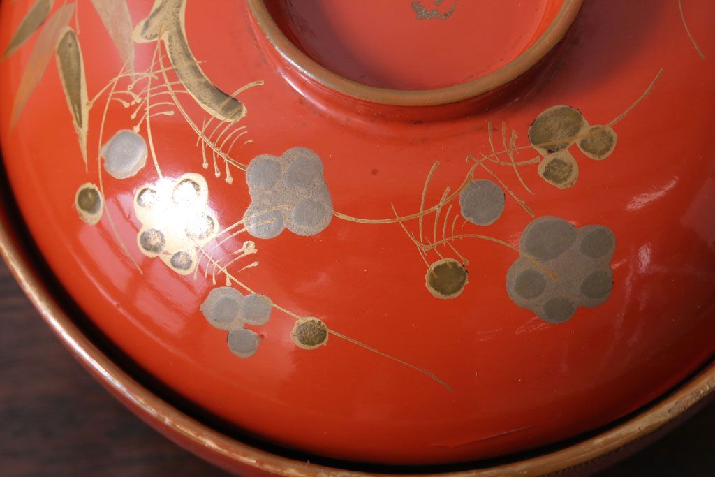 和製アンティーク　松竹梅の朱塗り椀5客セット(2)