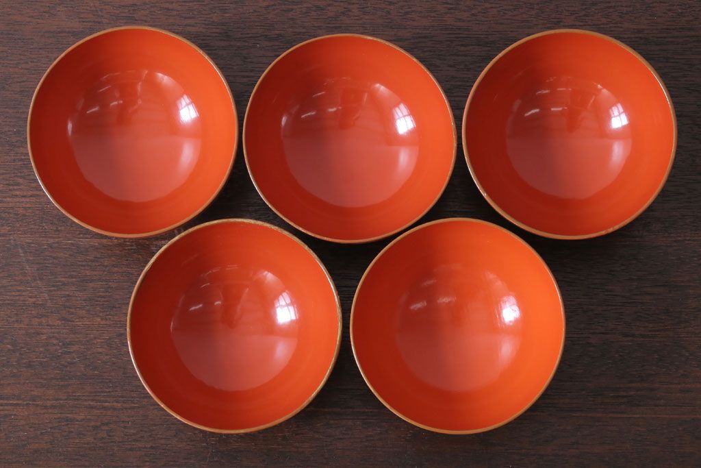 和製アンティーク　松竹梅の朱塗り椀5客セット(2)