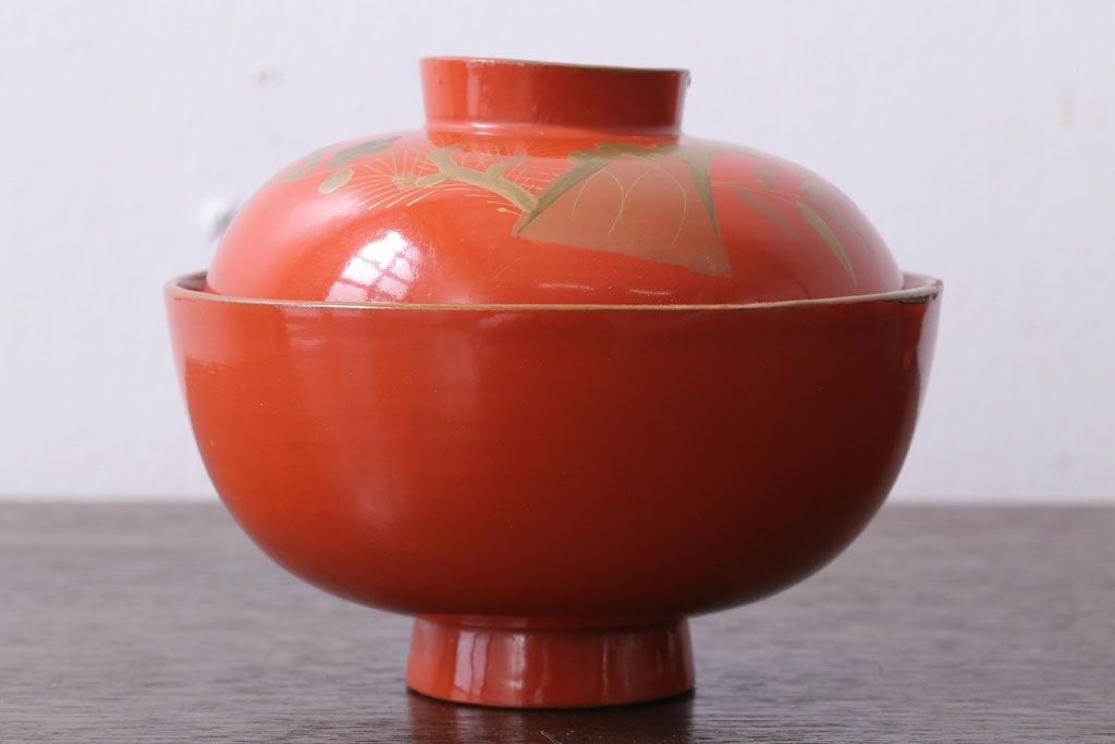 和製アンティーク　松竹梅の朱塗り椀5客セット(2)