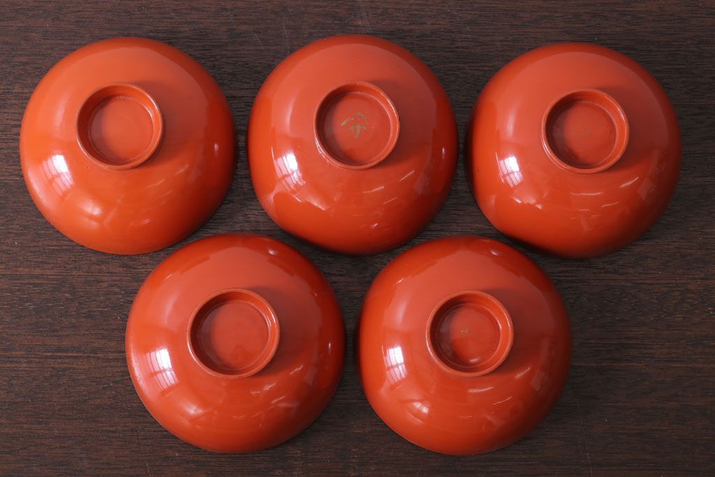 和製アンティーク　松竹梅の朱塗り椀5客セット(2)