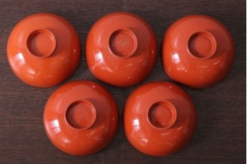 和製アンティーク　松竹梅の朱塗り椀5客セット(2)