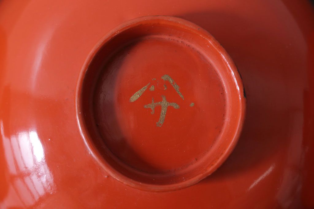 和製アンティーク　松竹梅の朱塗り椀5客セット(2)