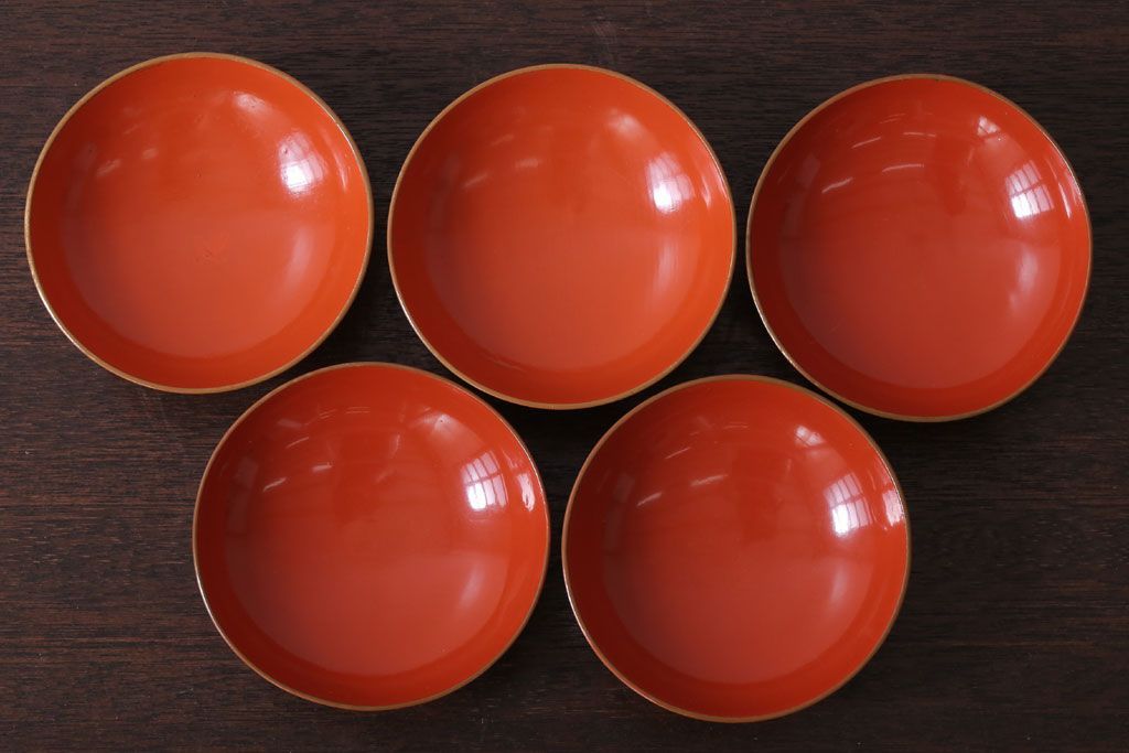 和製アンティーク　松竹梅の朱塗り椀5客セット(2)