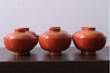 和製アンティーク　松竹梅の朱塗り椀6客セット