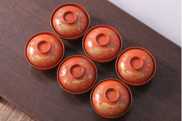 和製アンティーク　松竹梅の朱塗り椀6客セット