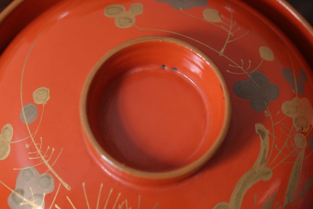 松竹梅手描き　漆器椀6客　大正時代 天然木製漆塗 琉球漆器 鶴亀松竹梅 朱塗吸物椀 5客セット