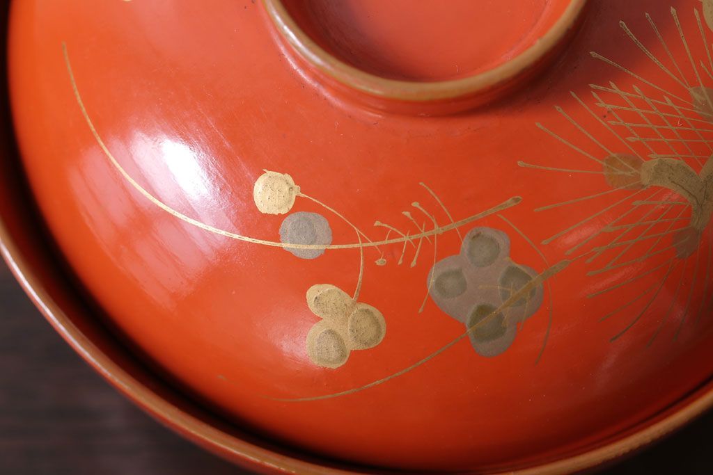 和製アンティーク　松竹梅の朱塗り椀6客セット