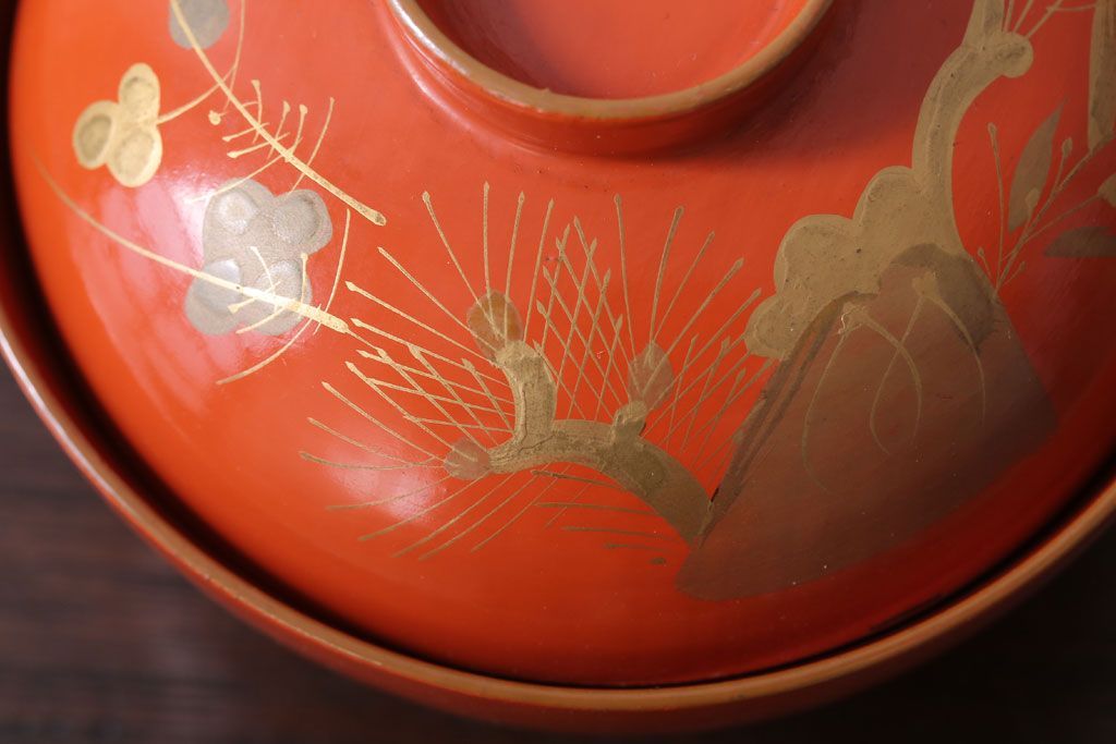 和製アンティーク　松竹梅の朱塗り椀6客セット