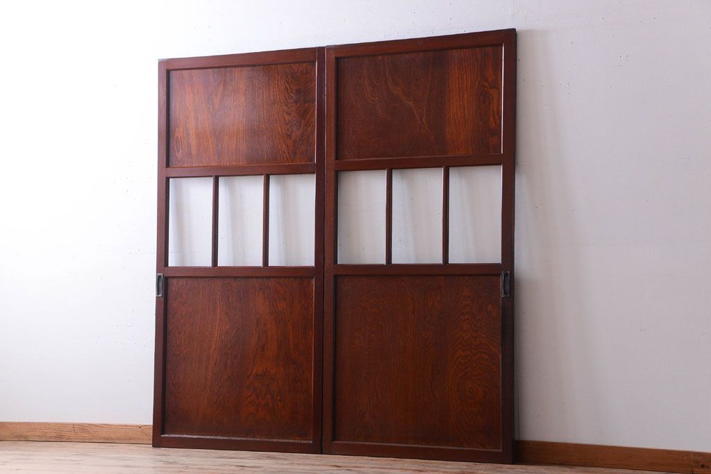 和製アンティーク　古い木のガラス帯戸2枚セット