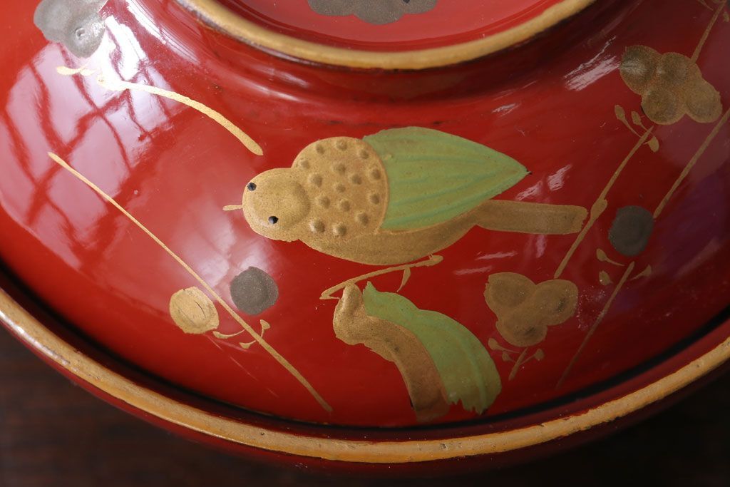 和製アンティーク　花鳥柄の朱塗り椀5客セット