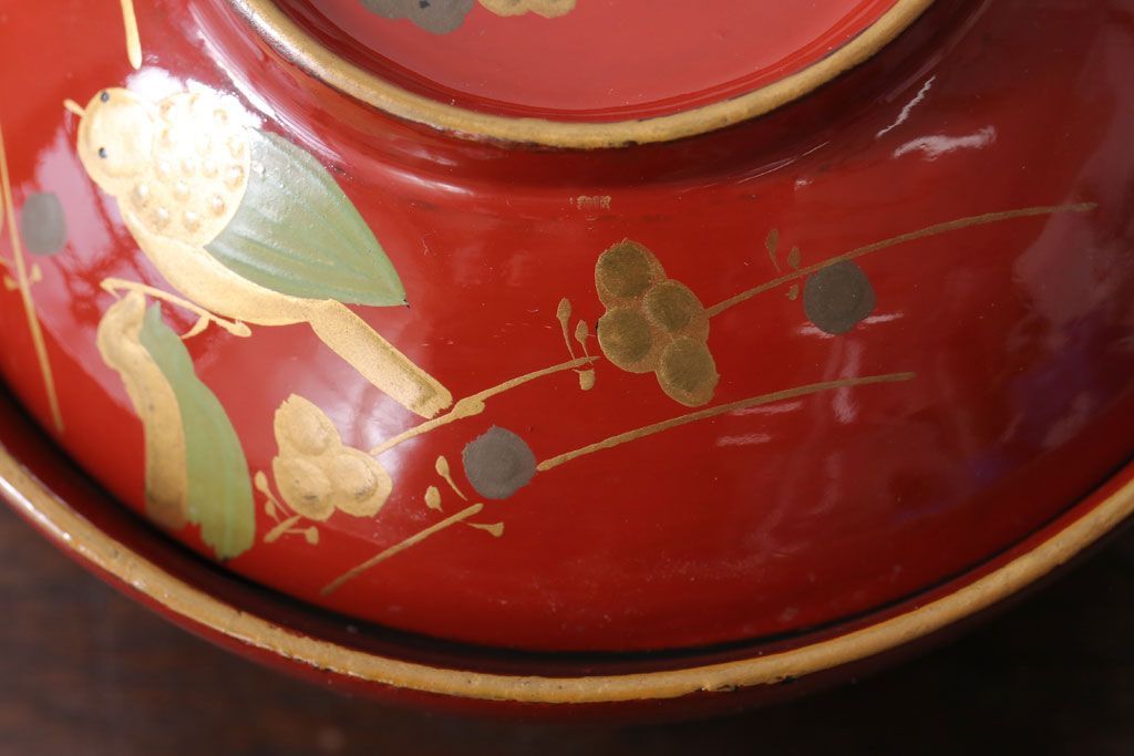 和製アンティーク　花鳥柄の朱塗り椀5客セット