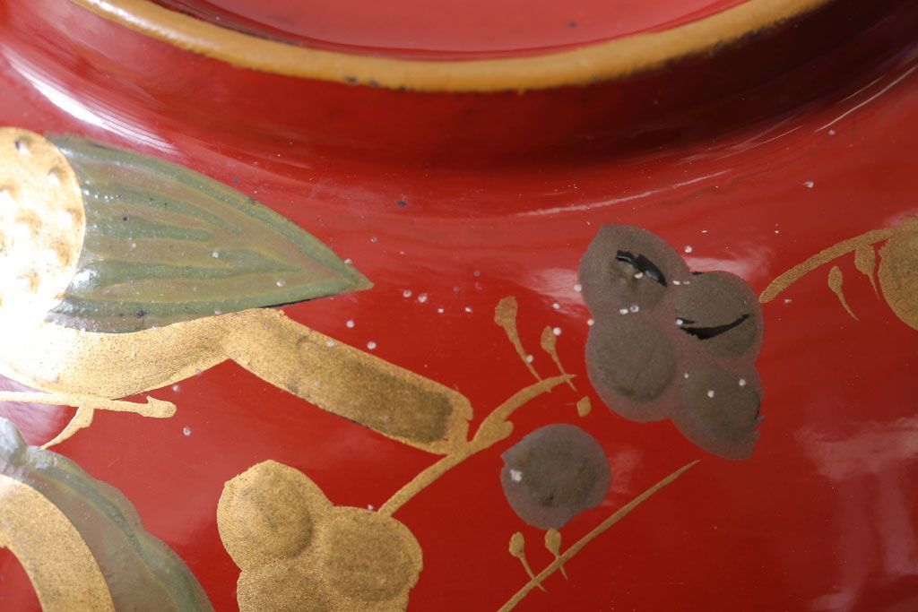 和製アンティーク　花鳥柄の朱塗り椀5客セット