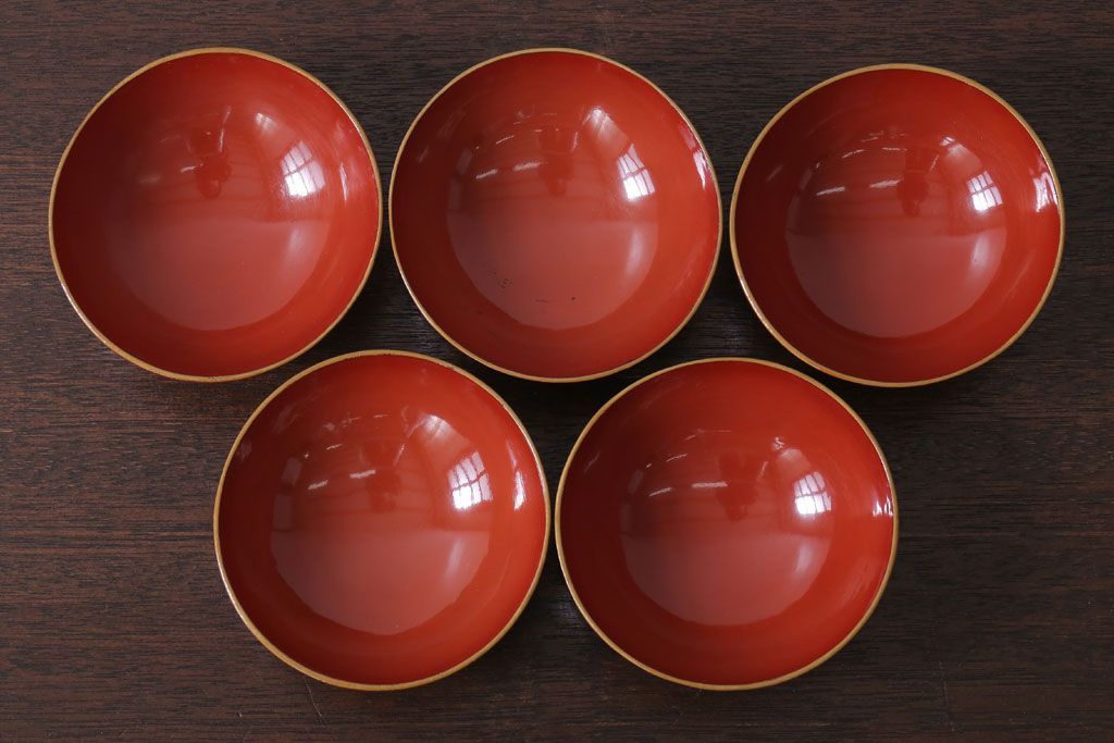 和製アンティーク　花鳥柄の朱塗り椀5客セット