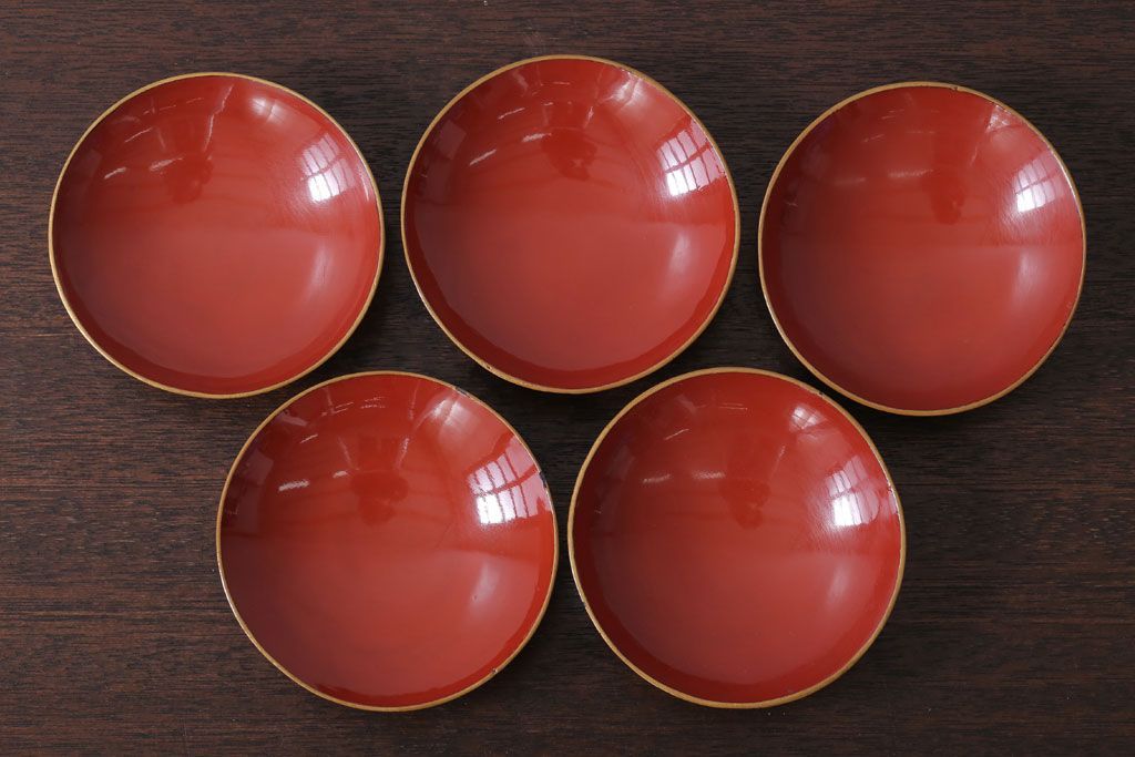 和製アンティーク　花鳥柄の朱塗り椀5客セット