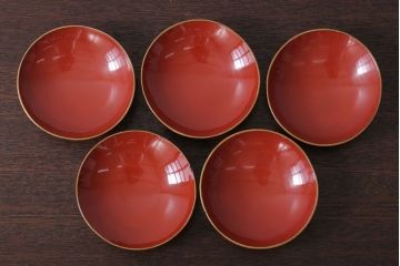 和製アンティーク　花鳥柄の朱塗り椀5客セット