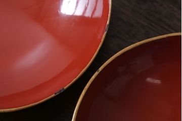 和製アンティーク　花鳥柄の朱塗り椀5客セット