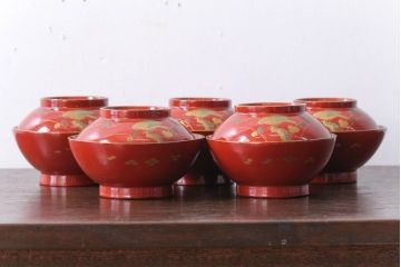 和製アンティーク　花鳥柄の朱塗り椀5客セット(2)