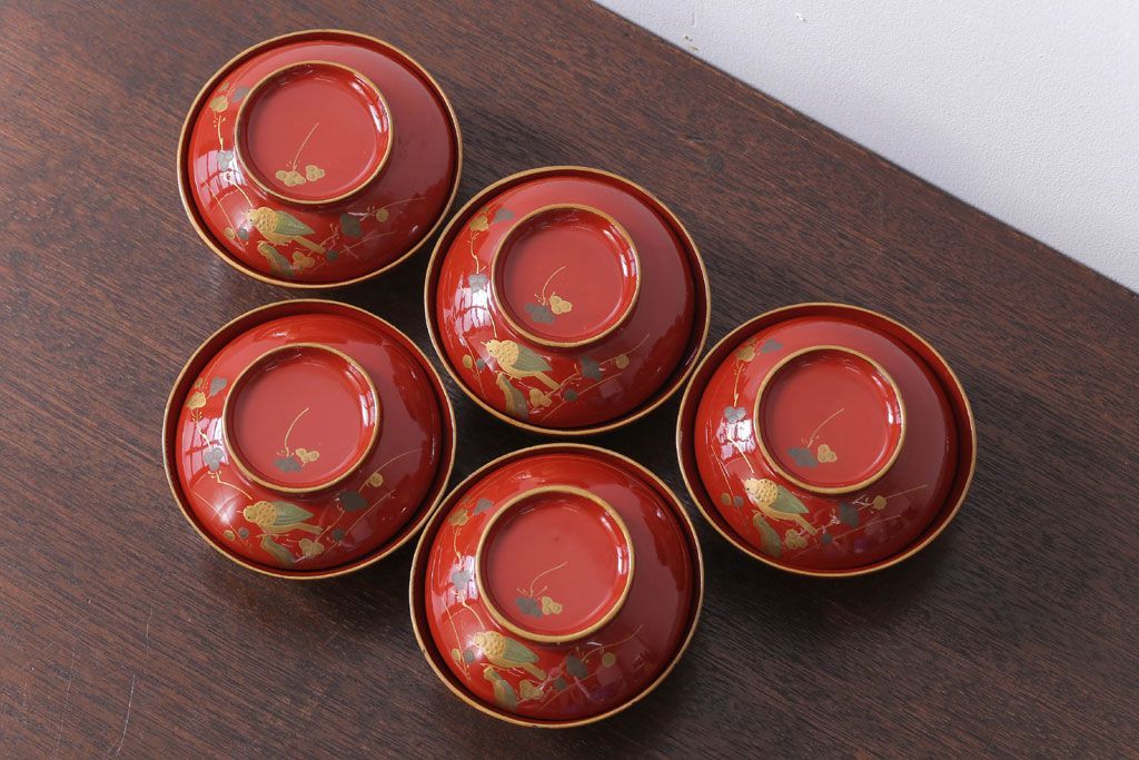 和製アンティーク　花鳥柄の朱塗り椀5客セット(2)