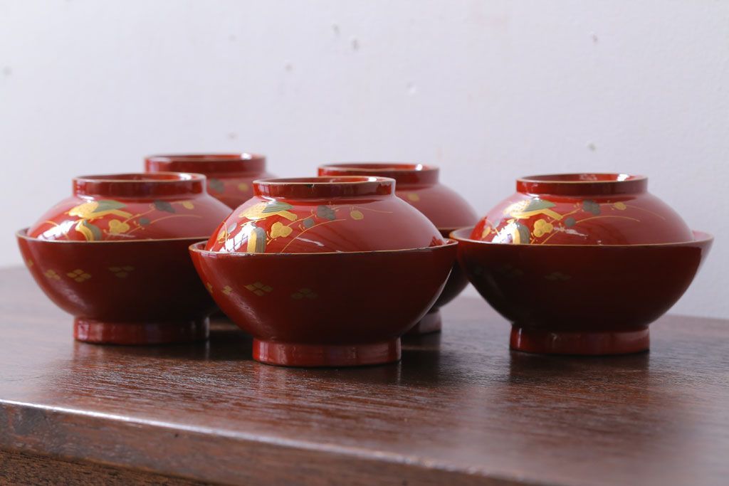和製アンティーク　花鳥柄の朱塗り椀5客セット(2)