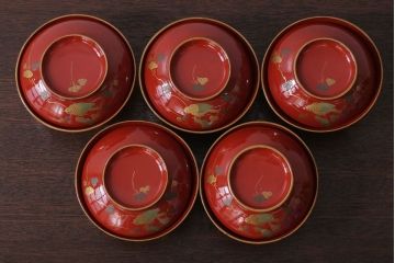 和製アンティーク　花鳥柄の朱塗り椀5客セット(2)