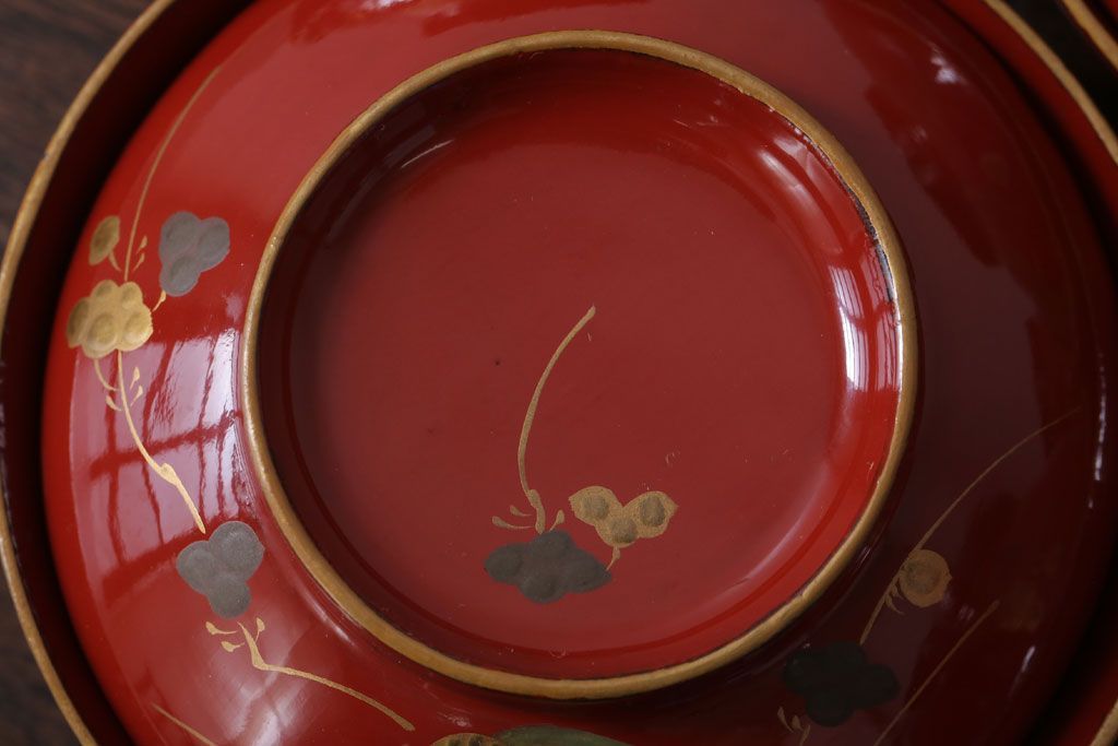 和製アンティーク　花鳥柄の朱塗り椀5客セット(2)