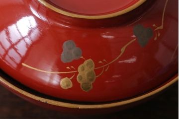 和製アンティーク　花鳥柄の朱塗り椀5客セット(2)