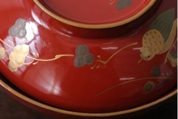 和製アンティーク　花鳥柄の朱塗り椀5客セット(2)