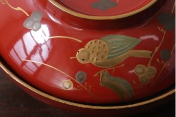 和製アンティーク　花鳥柄の朱塗り椀5客セット(2)
