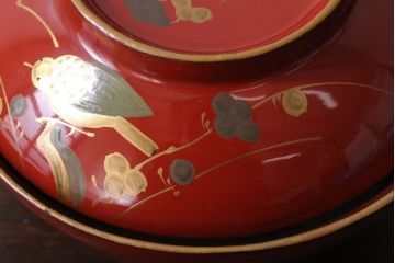 和製アンティーク　花鳥柄の朱塗り椀5客セット(2)