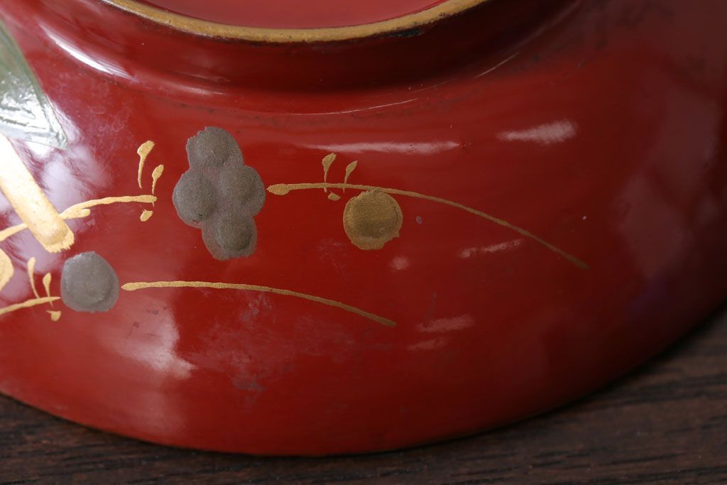 和製アンティーク　花鳥柄の朱塗り椀5客セット(2)