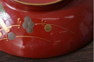 和製アンティーク　花鳥柄の朱塗り椀5客セット(2)