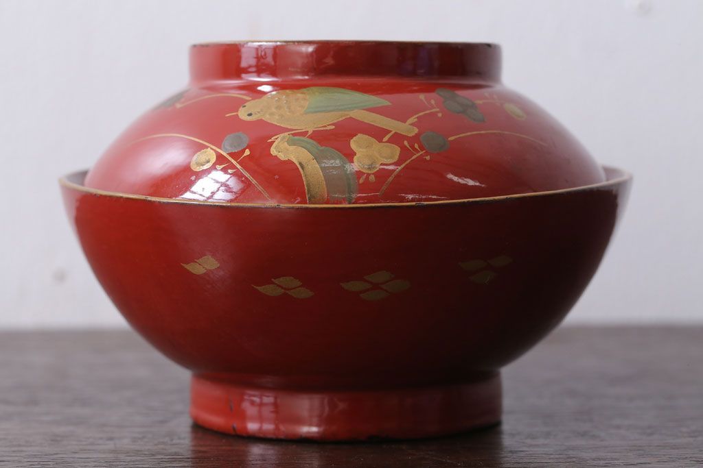 和製アンティーク　花鳥柄の朱塗り椀5客セット(2)