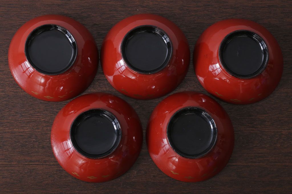 和製アンティーク　花鳥柄の朱塗り椀5客セット(2)