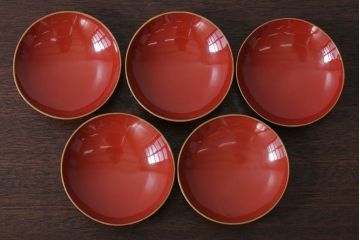 和製アンティーク　花鳥柄の朱塗り椀5客セット(2)