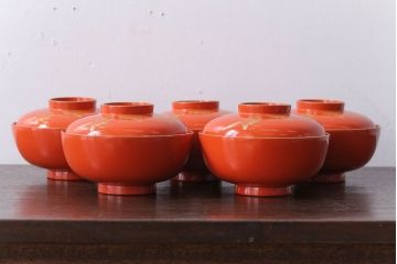 アンティーク雑貨　和製アンティーク　上品な花鳥柄の沈金朱塗椀5客セット