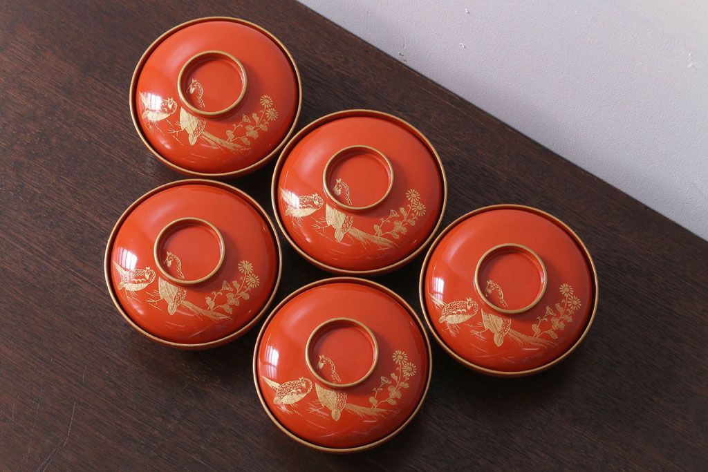 アンティーク雑貨　和製アンティーク　上品な花鳥柄の沈金朱塗椀5客セット