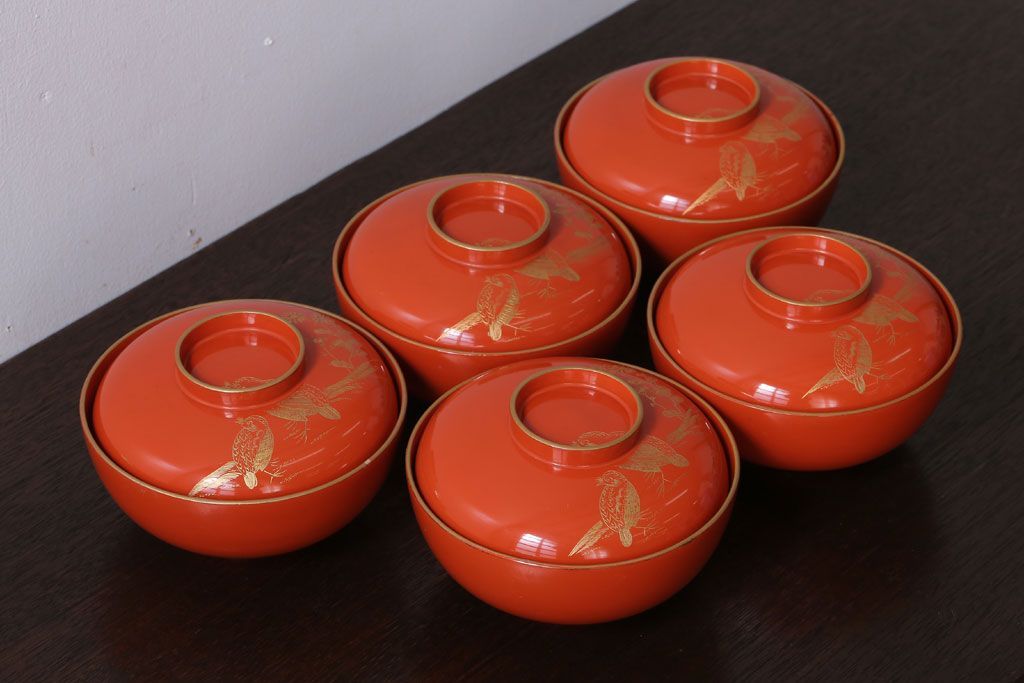 アンティーク雑貨　和製アンティーク　上品な花鳥柄の沈金朱塗椀5客セット