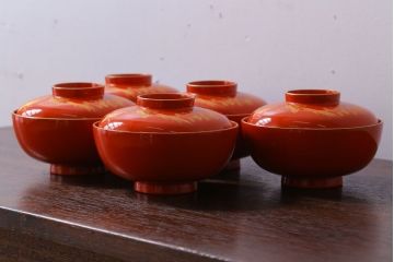 アンティーク雑貨　和製アンティーク　上品な花鳥柄の沈金朱塗椀5客セット