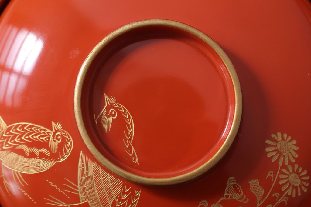 アンティーク雑貨　和製アンティーク　上品な花鳥柄の沈金朱塗椀5客セット