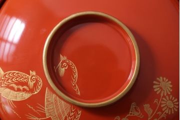 アンティーク雑貨　和製アンティーク　上品な花鳥柄の沈金朱塗椀5客セット