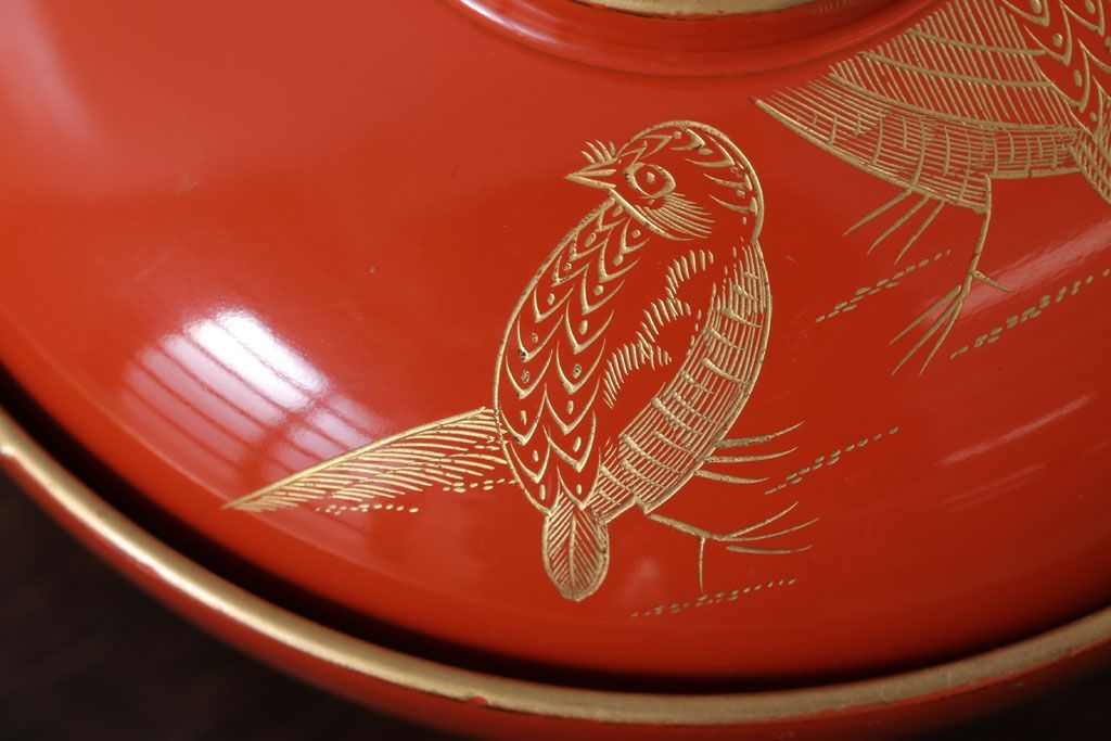 アンティーク雑貨　和製アンティーク　上品な花鳥柄の沈金朱塗椀5客セット