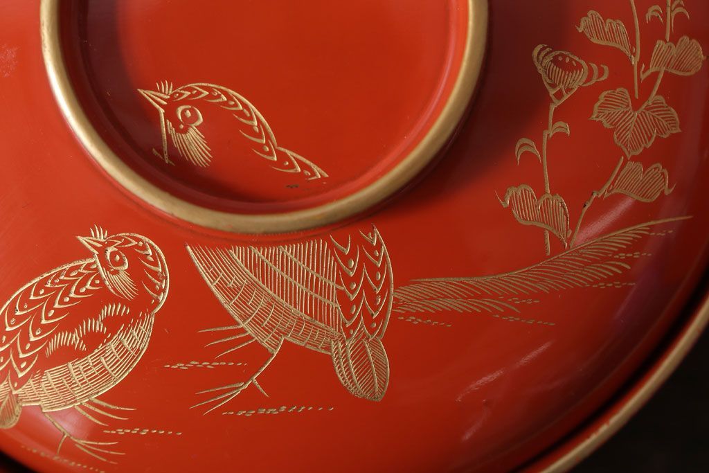 アンティーク雑貨　和製アンティーク　上品な花鳥柄の沈金朱塗椀5客セット