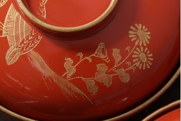 アンティーク雑貨　和製アンティーク　上品な花鳥柄の沈金朱塗椀5客セット